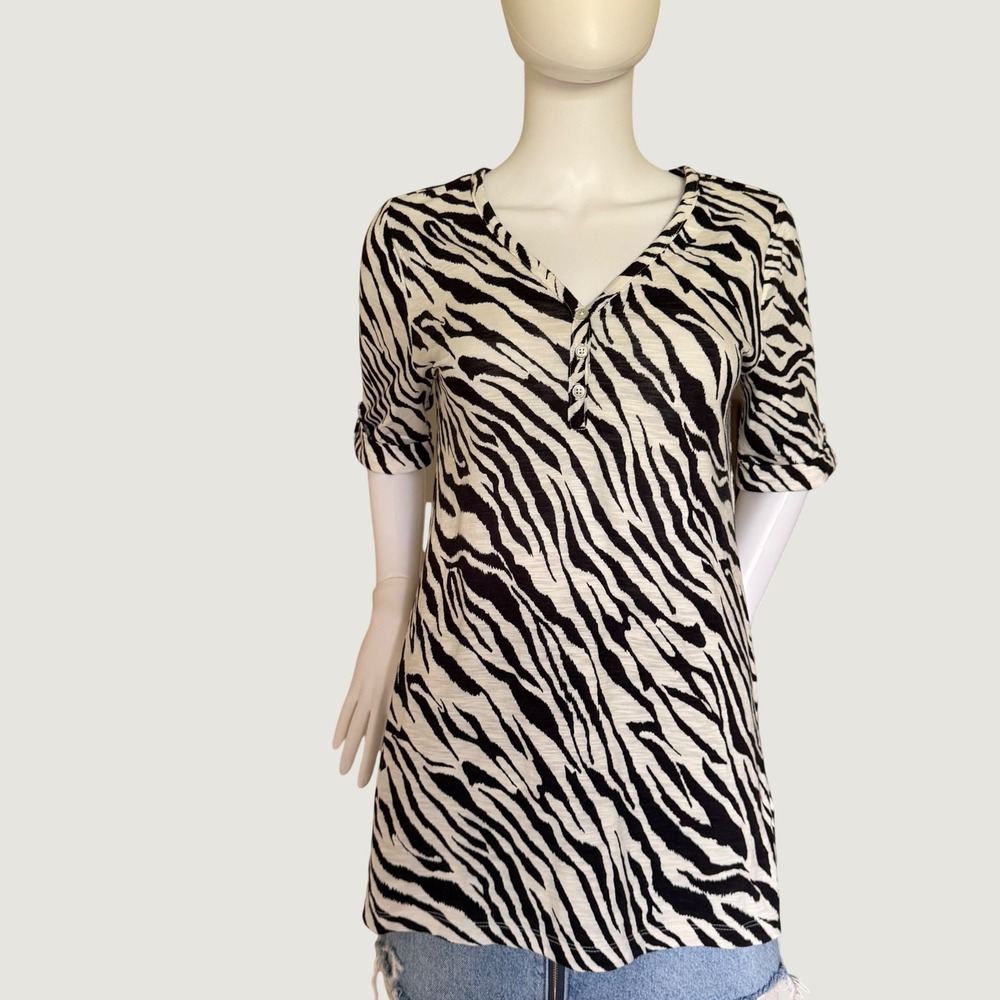 Chicos Womens Zebra Print Henley Tunic Top Black White Short Sleeve Size 0 (S)